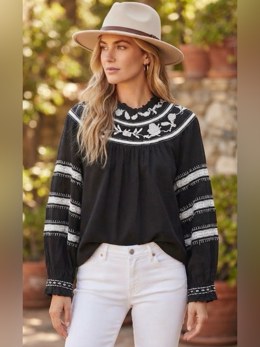 Maeve Black Blouse with White Floral Yoke